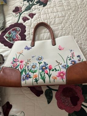 Floral Print Tote Bag with Brown Trim - White